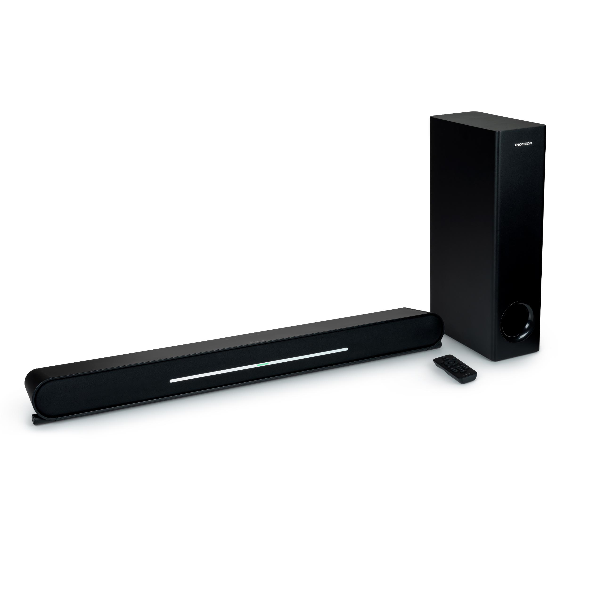 Czarny soundbar i subwoofer. Soundbar ma białe światło. Obecny jest pilot.