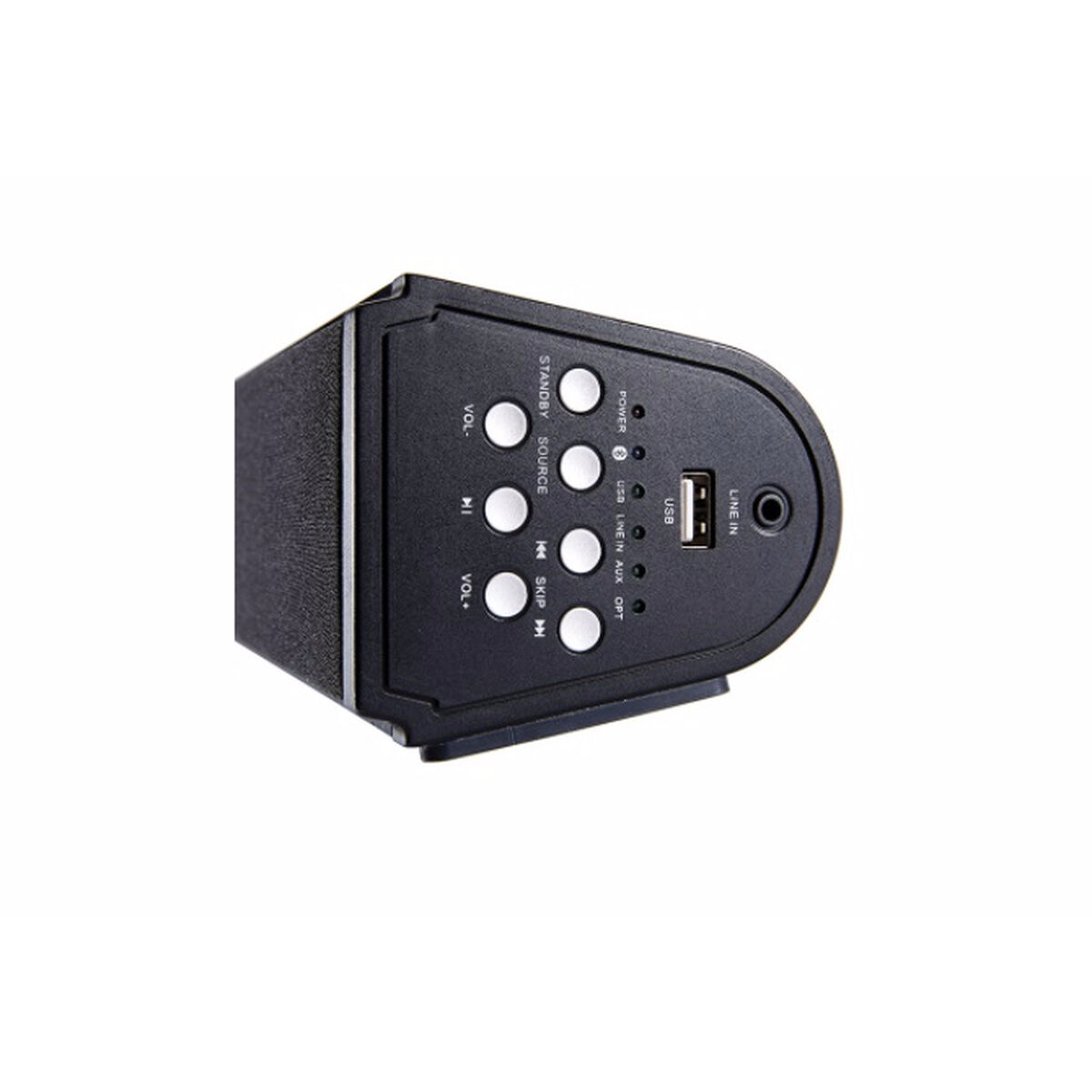 Czarny głośnik z panelem sterowania z przyciskami i portem USB na białej powierzchni.