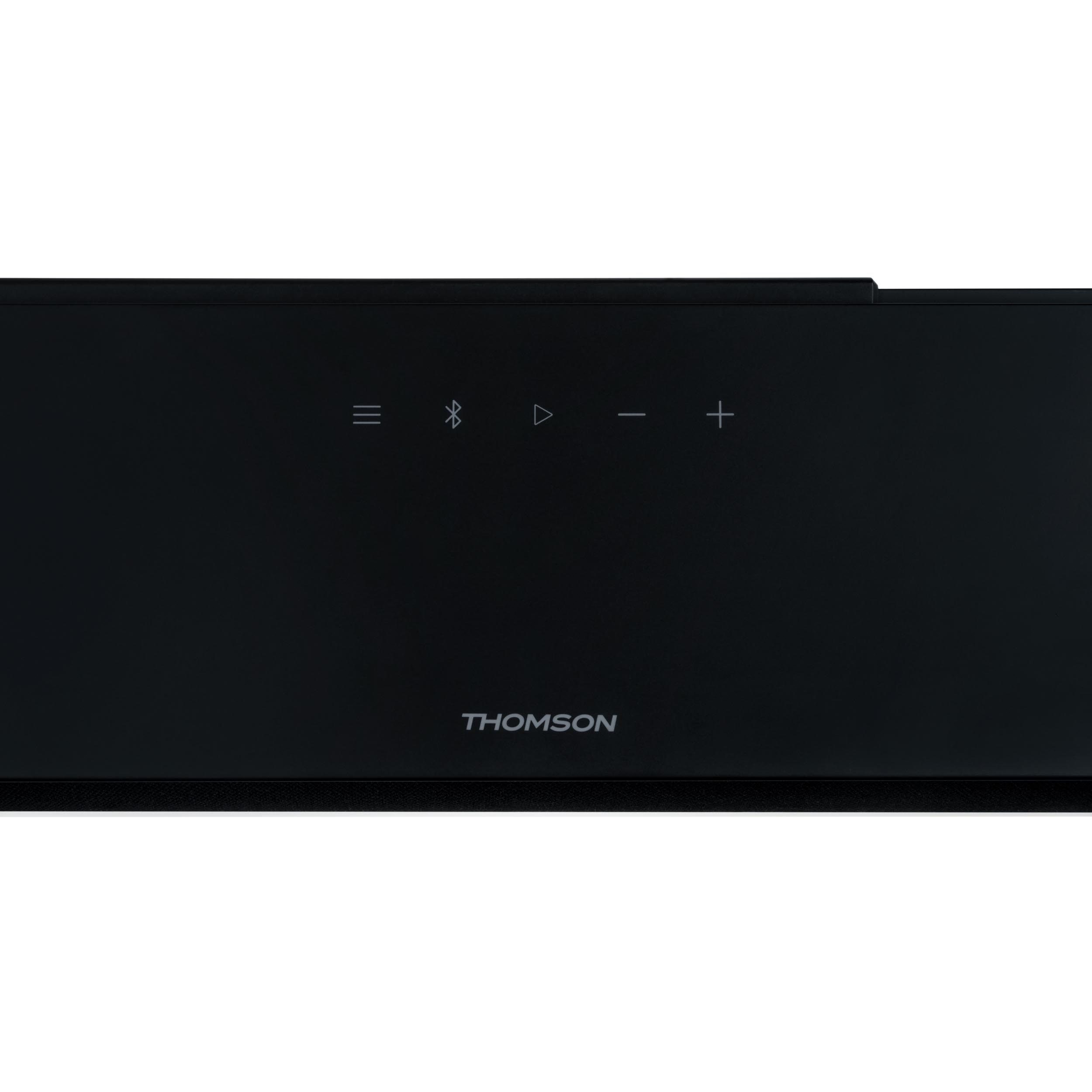 Czarny soundbar z przyciskami sterowania, z przodu widoczna jest marka THOMSON.