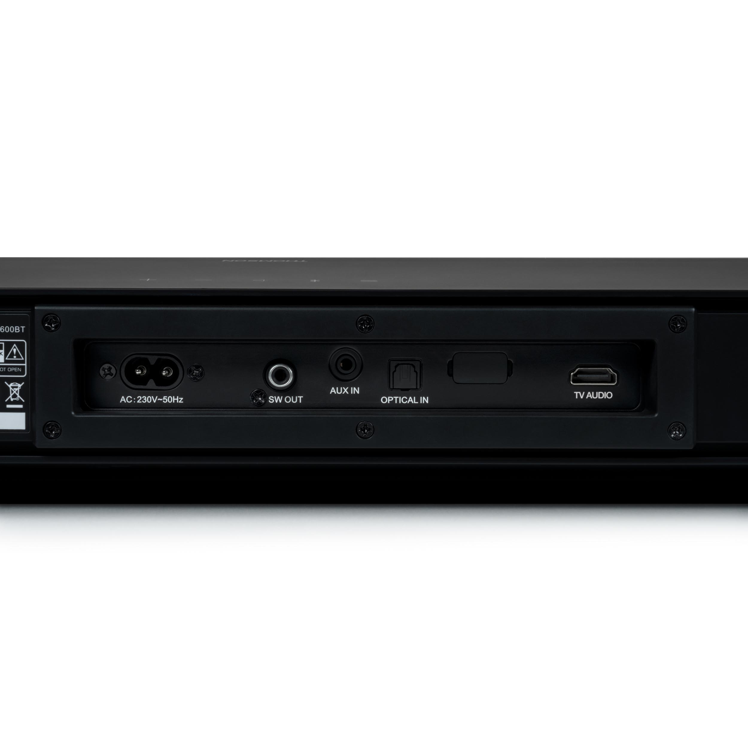 Tylny panel czarnego soundbaru, pokazujący porty zasilania, aux, optyczne i audio TV.