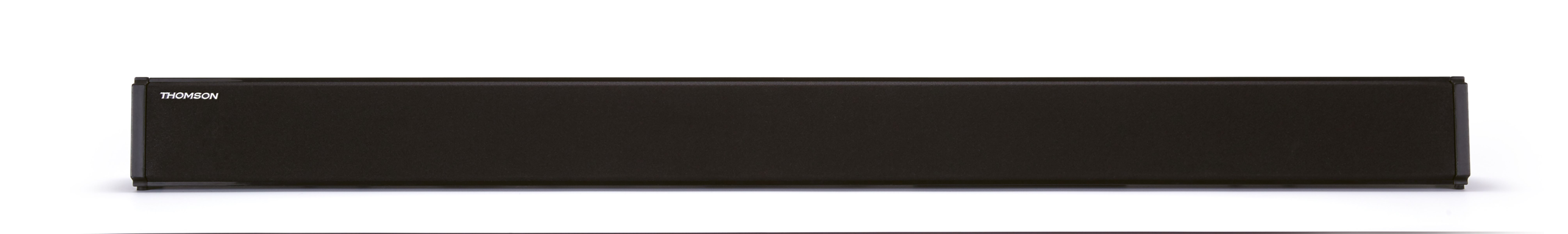 Czarny soundbar. Nazwa marki THOMSON jest widoczna po lewej stronie.