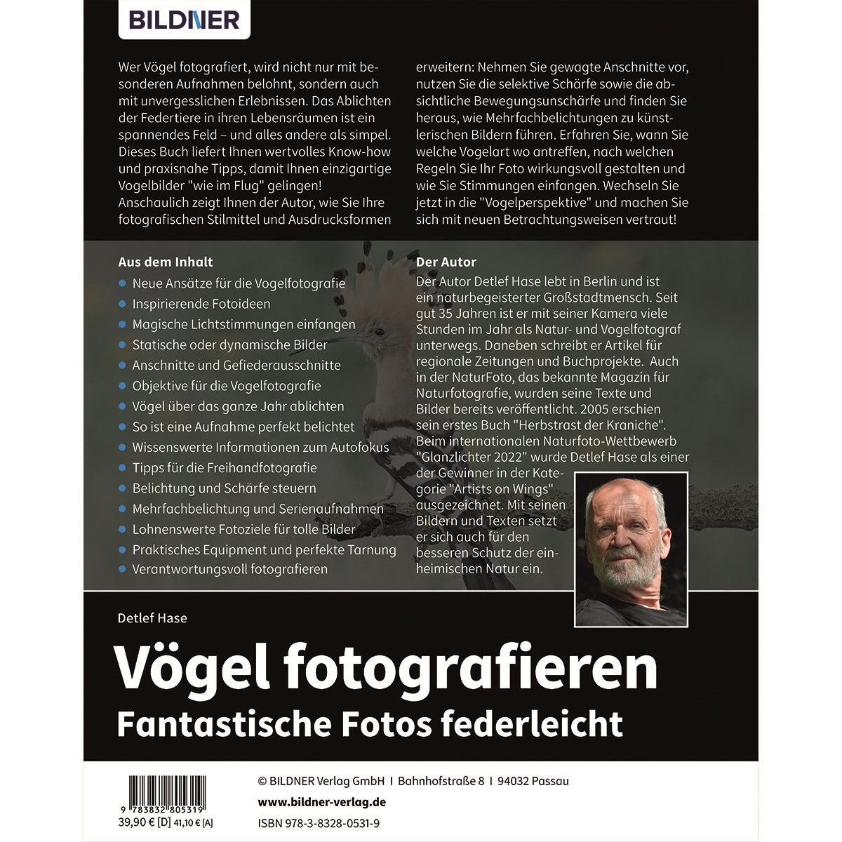 Buchcover: 'Vögel fotografieren'. Zeigt ein Vogelbild und ein Foto des Autors.