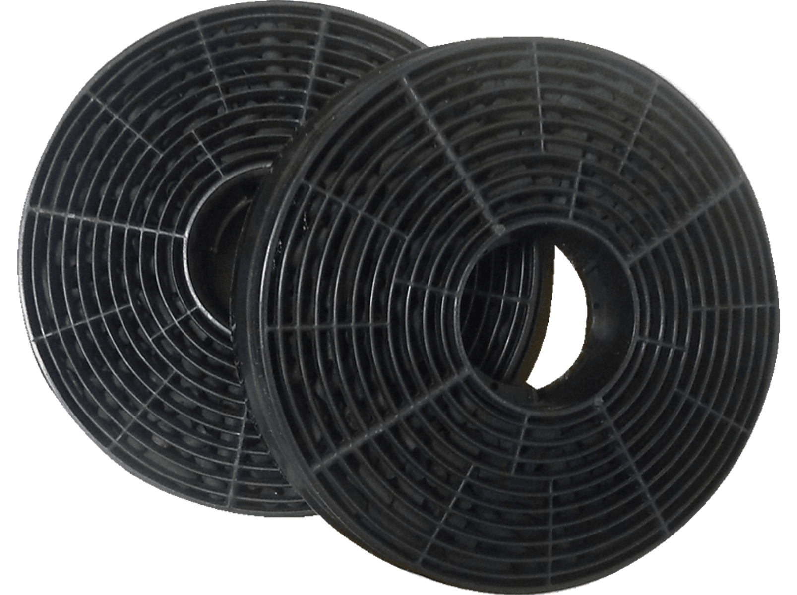 Dwa okrągłe czarne filtry węglowe z wzorem kratki.