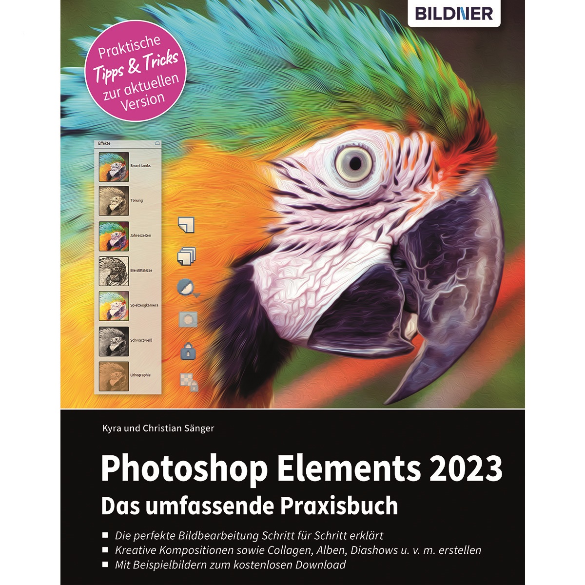 Buchcover für "Photoshop Elements 2023", mit Papagei und Computerbildschirm. Weißer Hintergrund.