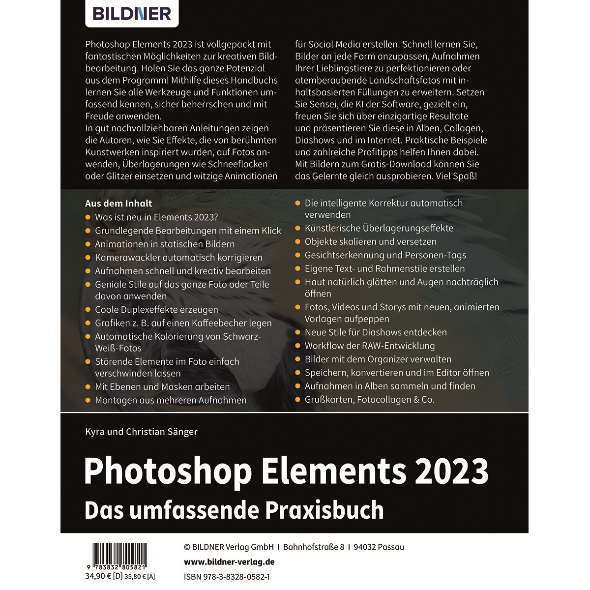 Buchcover: Photoshop Elements 2023, weißer Hintergrund, Text und Grafik.