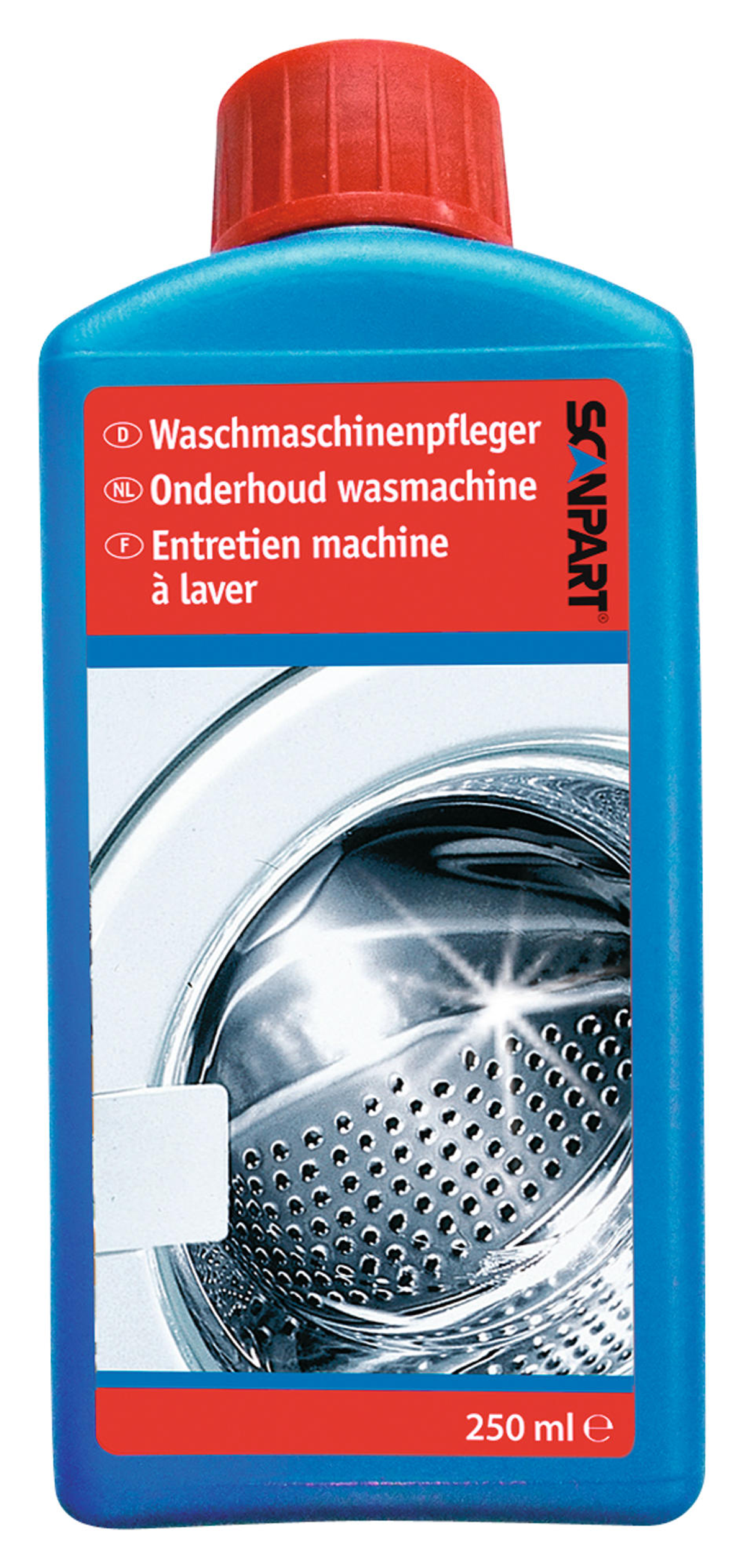 Bottiglia blu con detergente per lavatrice. Contiene immagine lavatrice e testo multilingue. Isolato.