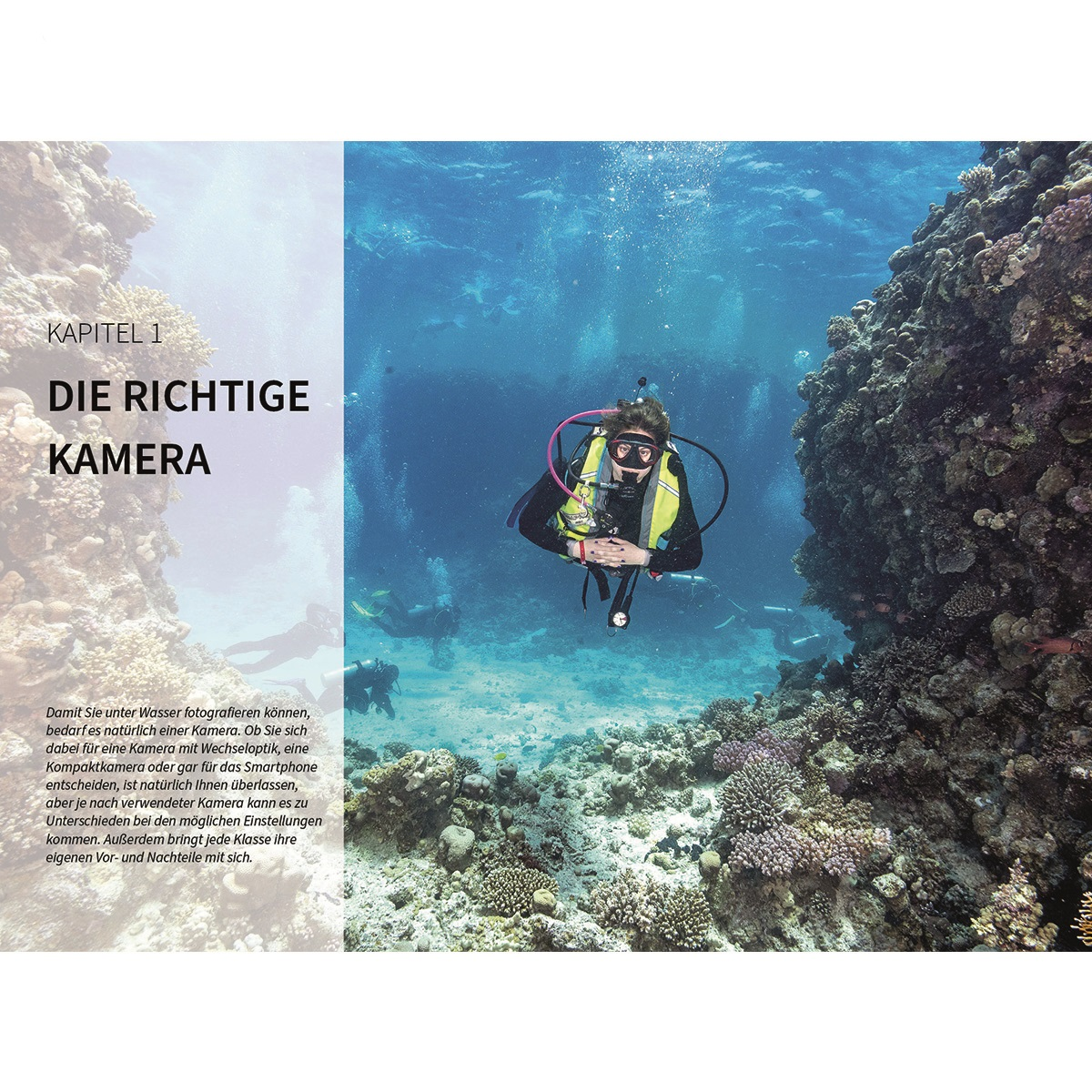 Taucher im Wasser, Korallen und Felsen. Text links: Die richtige Kamera.