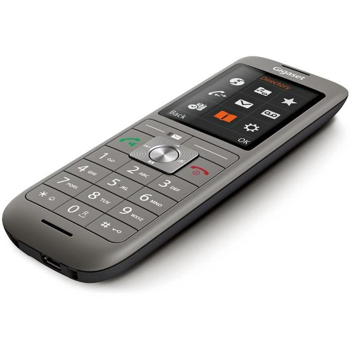 Ein graues Gigaset-Telefon mit Tasten und einem Bildschirm auf weißem Hintergrund.