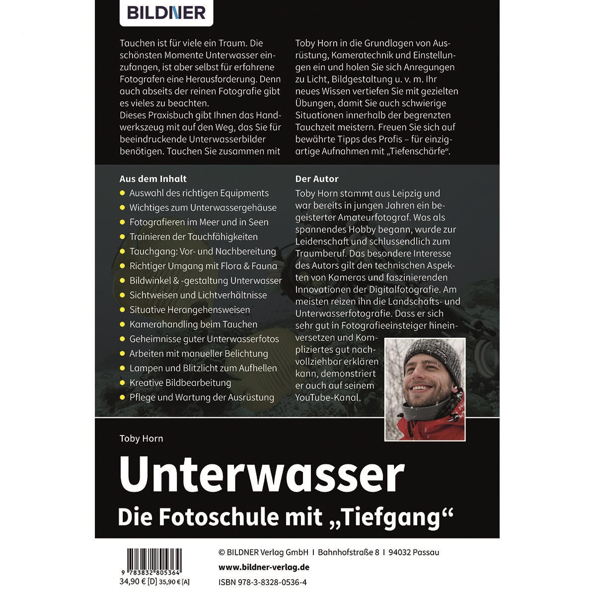 Buchcover mit Text, einem Bild eines Mannes und dem Titel: Unterwasserfotografie.