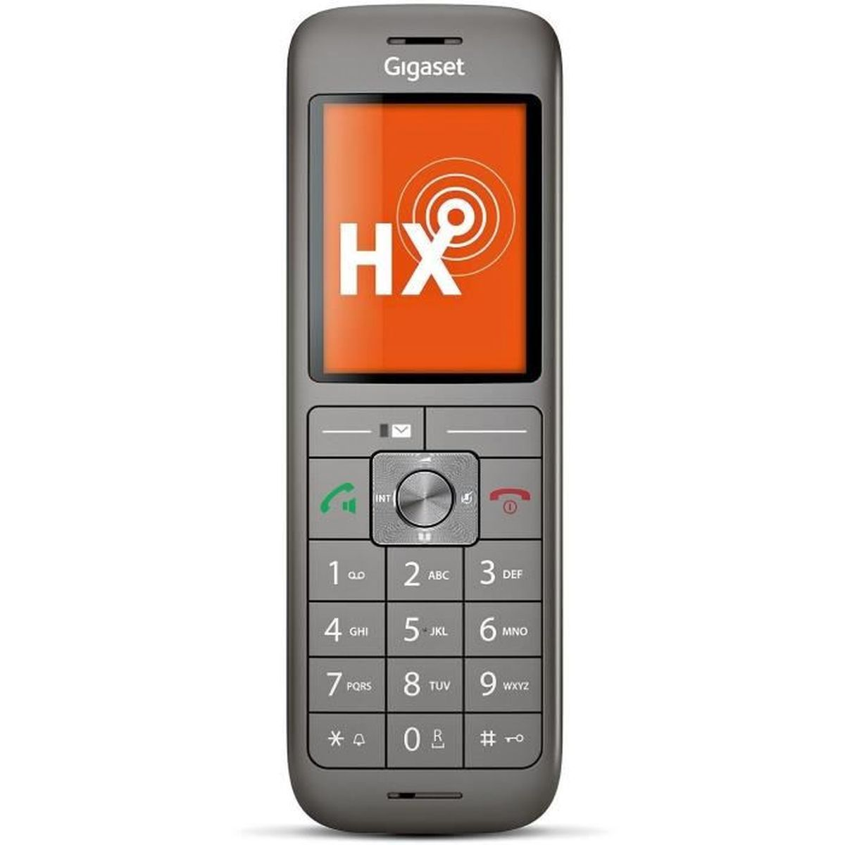 Graues Gigaset-Telefon mit orangefarbenem Bildschirm, der das 'HX'-Logo und das Ziffernfeld anzeigt.