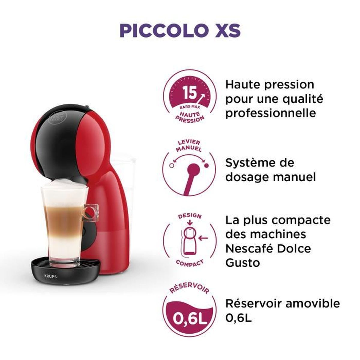 Eine rot-schwarze Krups Kaffeemaschine mit Text, der ihre Funktionen beschreibt.