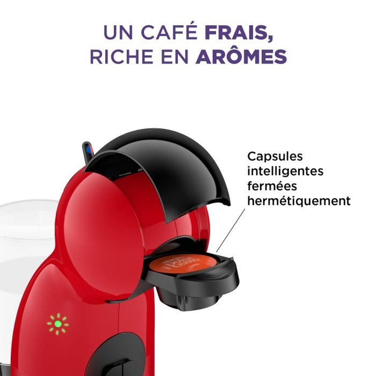 Rote Kaffeemaschine mit schwarzen Akzenten. Eine Kaffeekapsel ist in der Öffnung. Text: Frischer Kaffee.