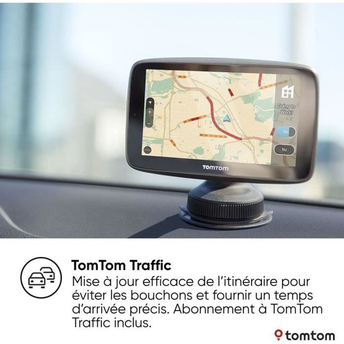 TomTom GPS-Gerät im Auto montiert, mit Kartenanzeige.