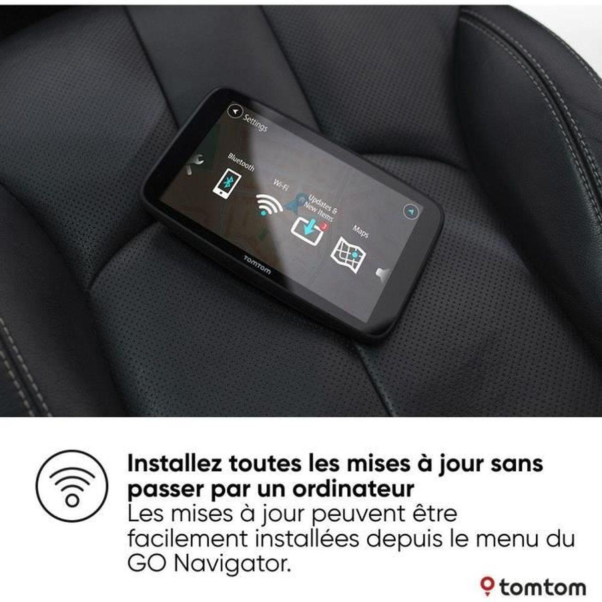 Ein schwarzes TomTom-Gerät, das sein Einstellungsmenü anzeigt und verschiedene Optionen auf einem Autositz zeigt.