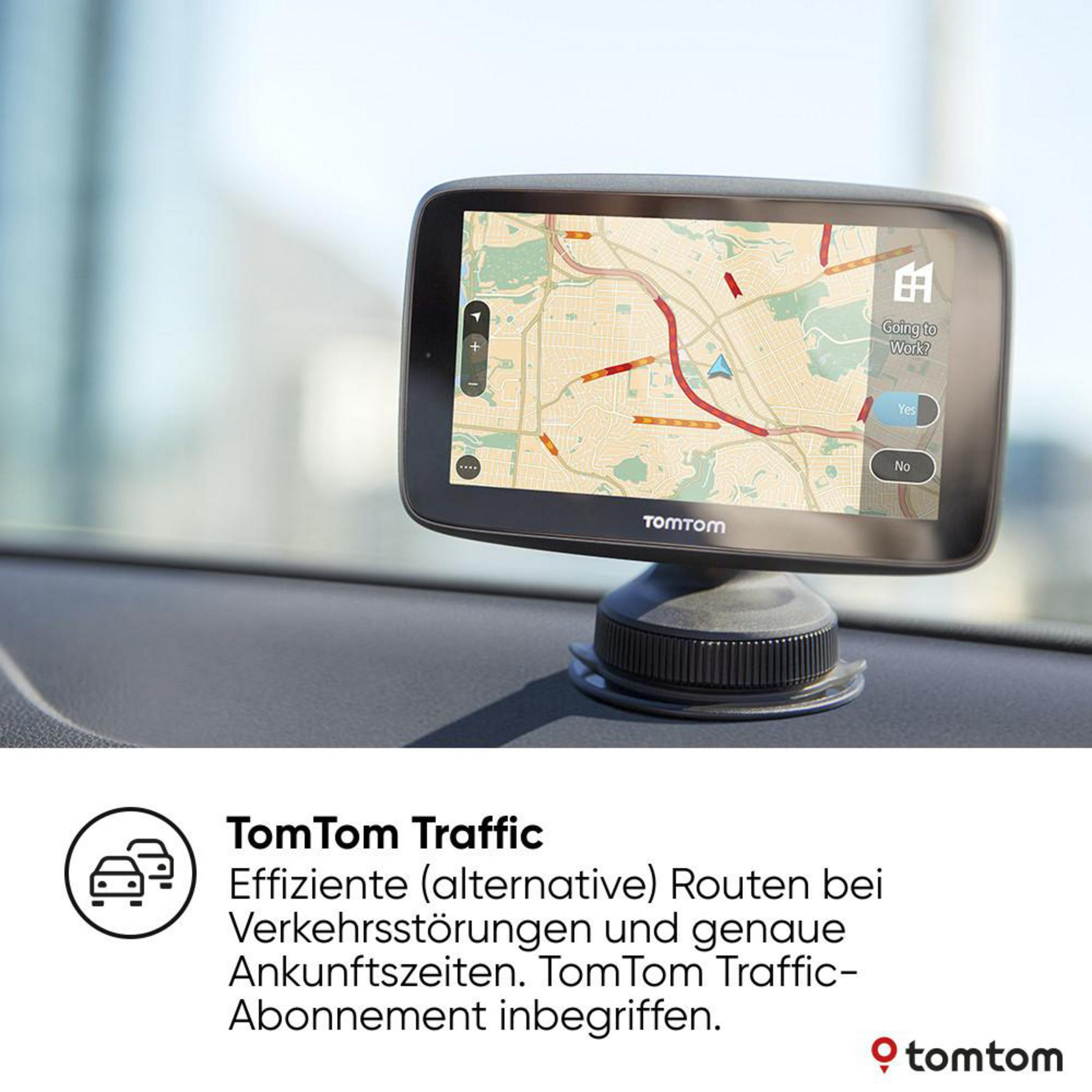 TomTom GPS-Gerät auf Armaturenbrett, zeigt Karte mit Verkehrsdaten.