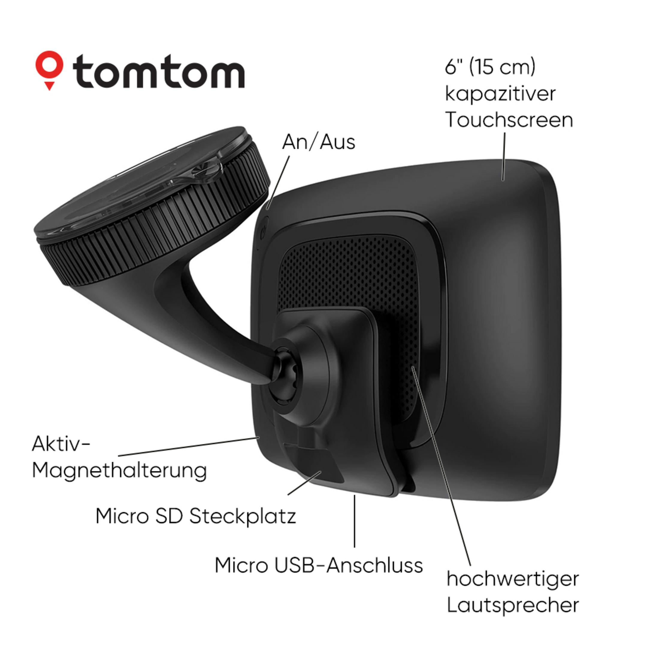 Schwarzes TomTom GPS-Gerät mit Funktionen: Touchscreen, Micro-USB, SD-Slot, aktive Magnetbefestigung.