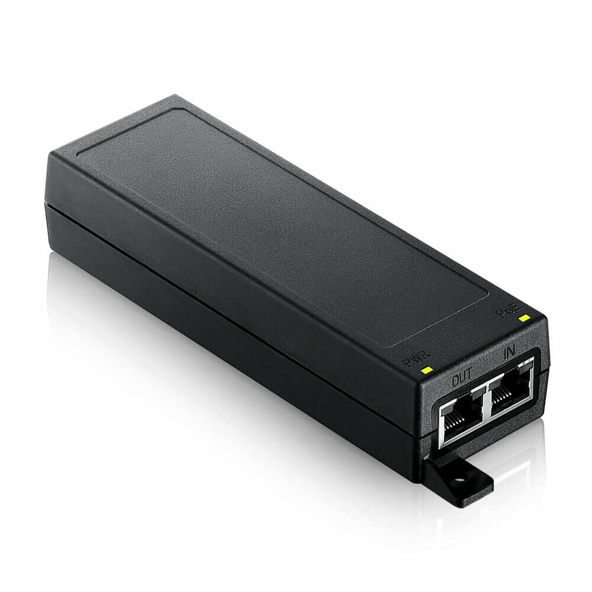 Un adaptador PoE negro con dos puertos y luces indicadoras.