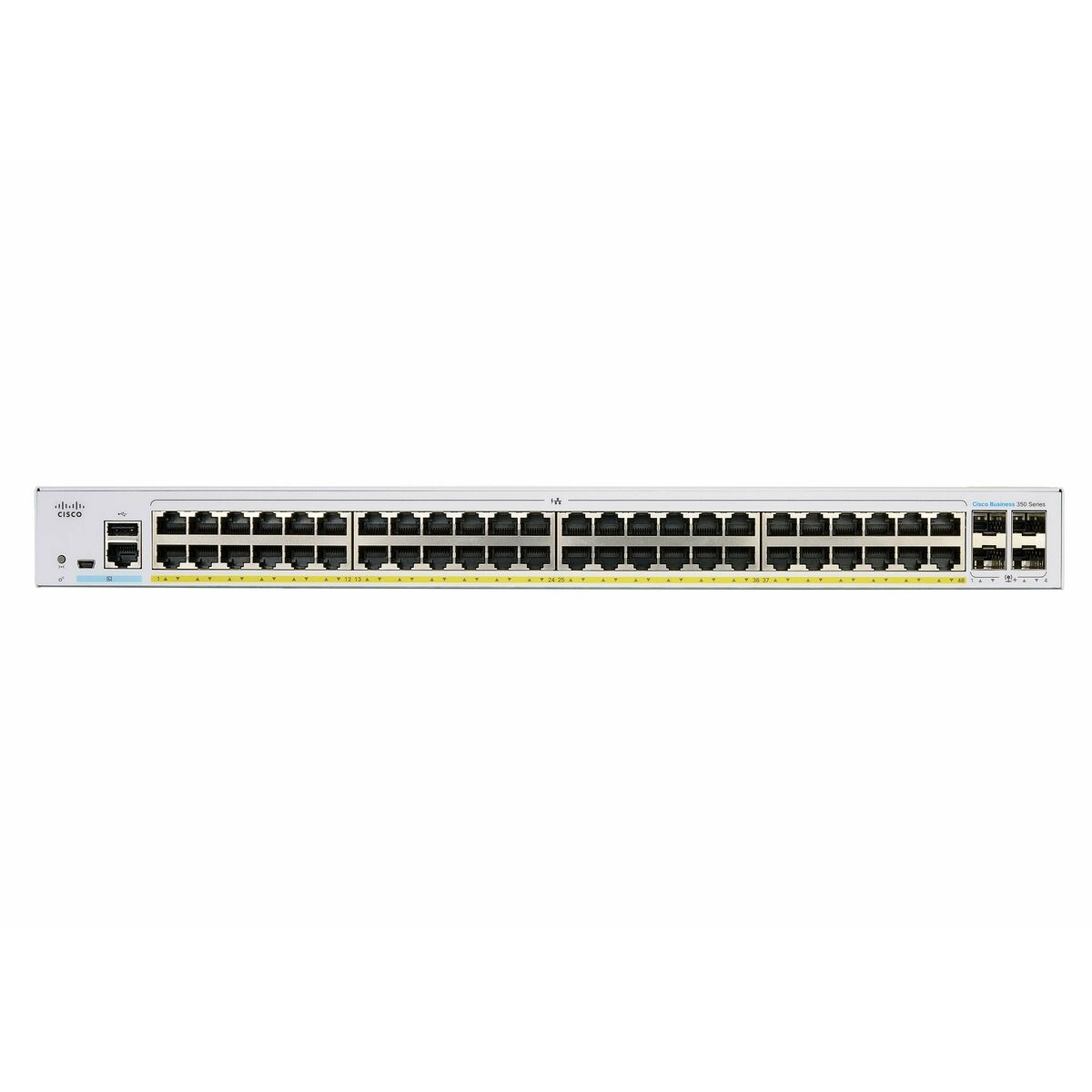 Ein langer, silberner Netzwerk-Switch mit zahlreichen Anschlüssen und Kontrollleuchten.