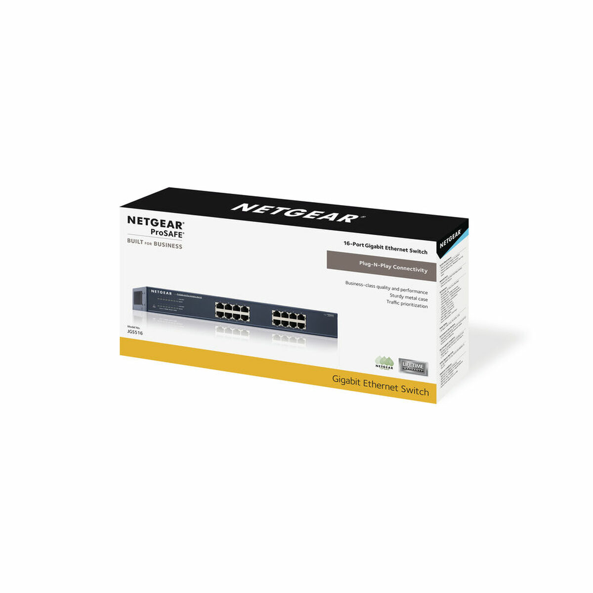 Una scatola bianca e nera di uno switch Ethernet Gigabit NETGEAR. Testo e loghi visibili.