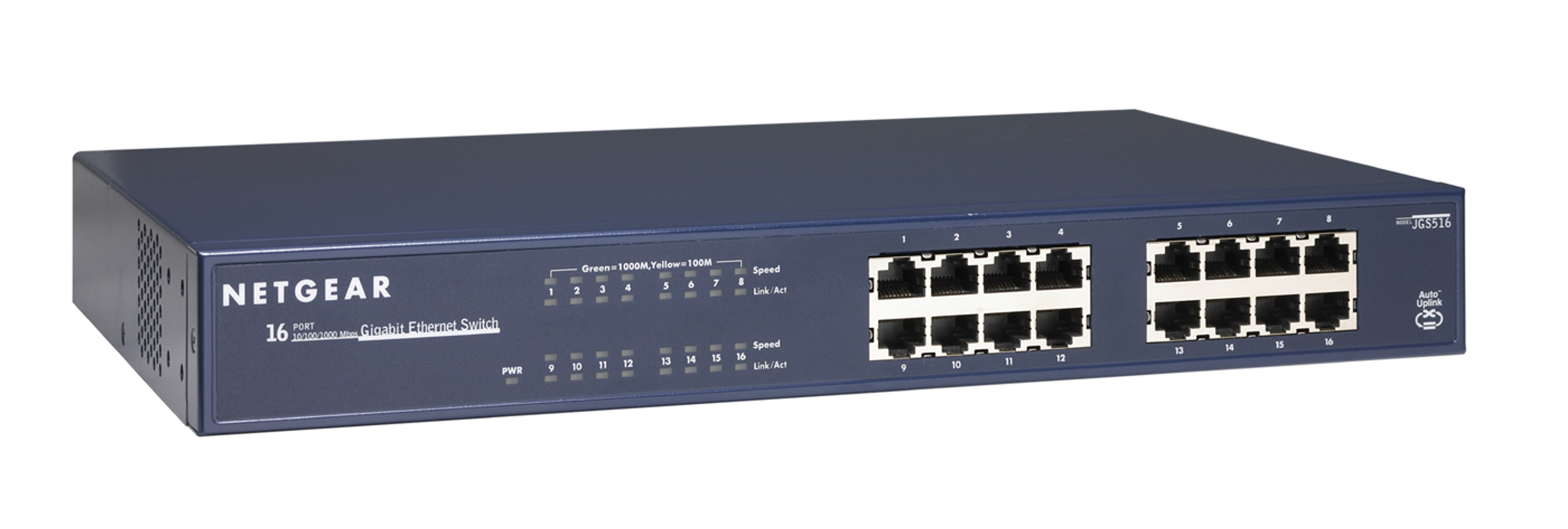 Uno switch Ethernet Gigabit a 16 porte NETGEAR nero con 16 porte e varie spie.