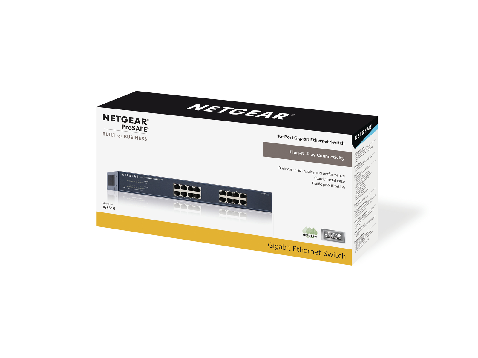 Scatola di uno switch Gigabit Ethernet a 16 porte con testo sulla scatola.