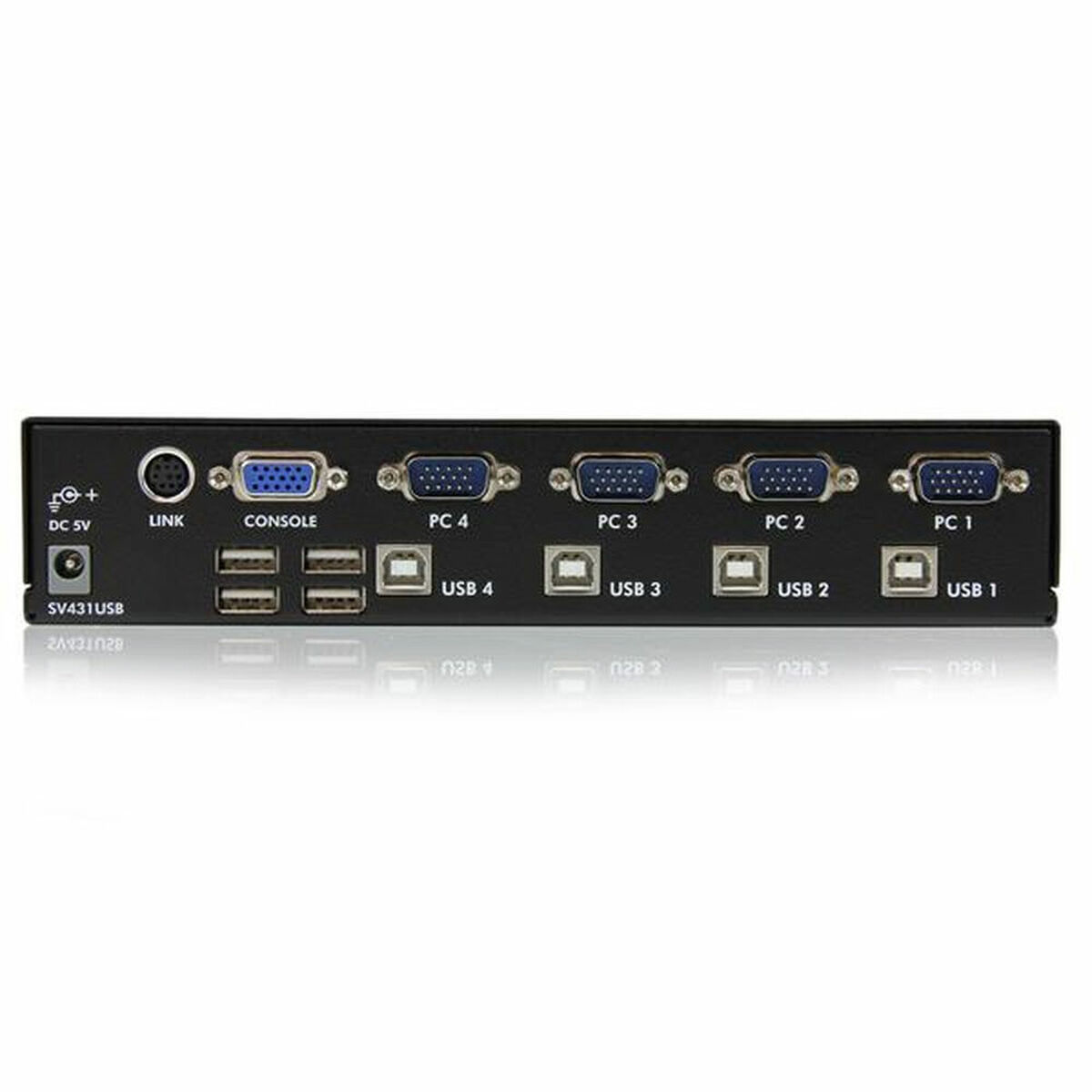 Zwarte KVM-switch met poorten voor console, PC1-4 en USB. Zilveren tekst.