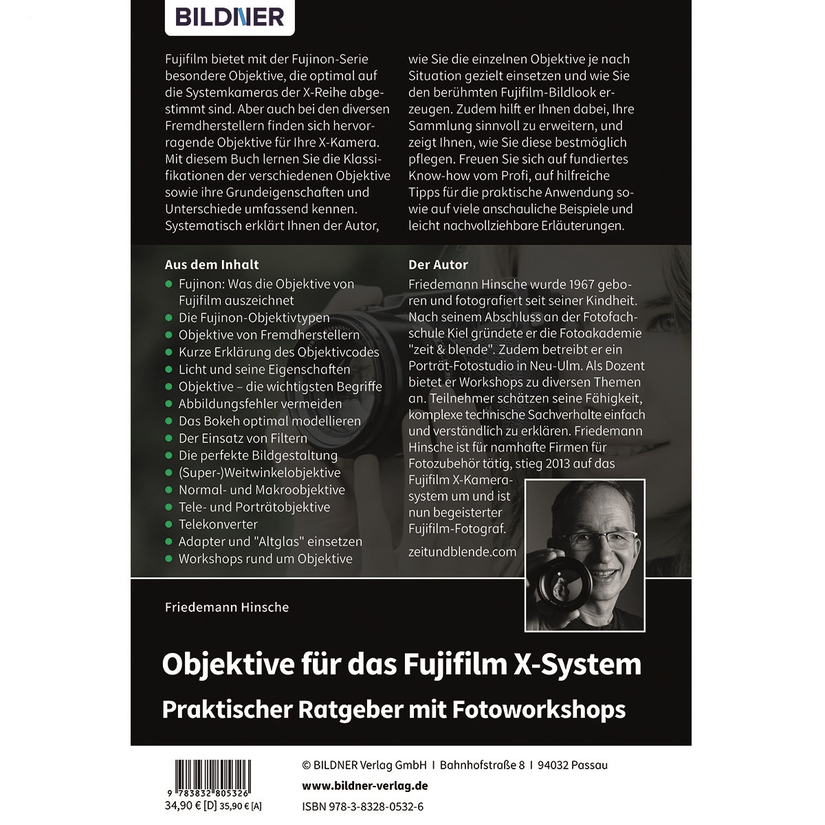 Buchcover mit Text. Ein Mann mit Brille hält eine Kamera.