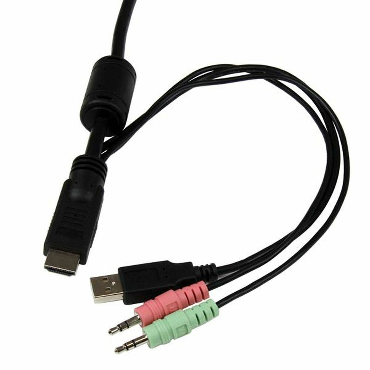 Black cable with multiple connectors. Includes HDMI, USB, and audio jacks in pink, green.