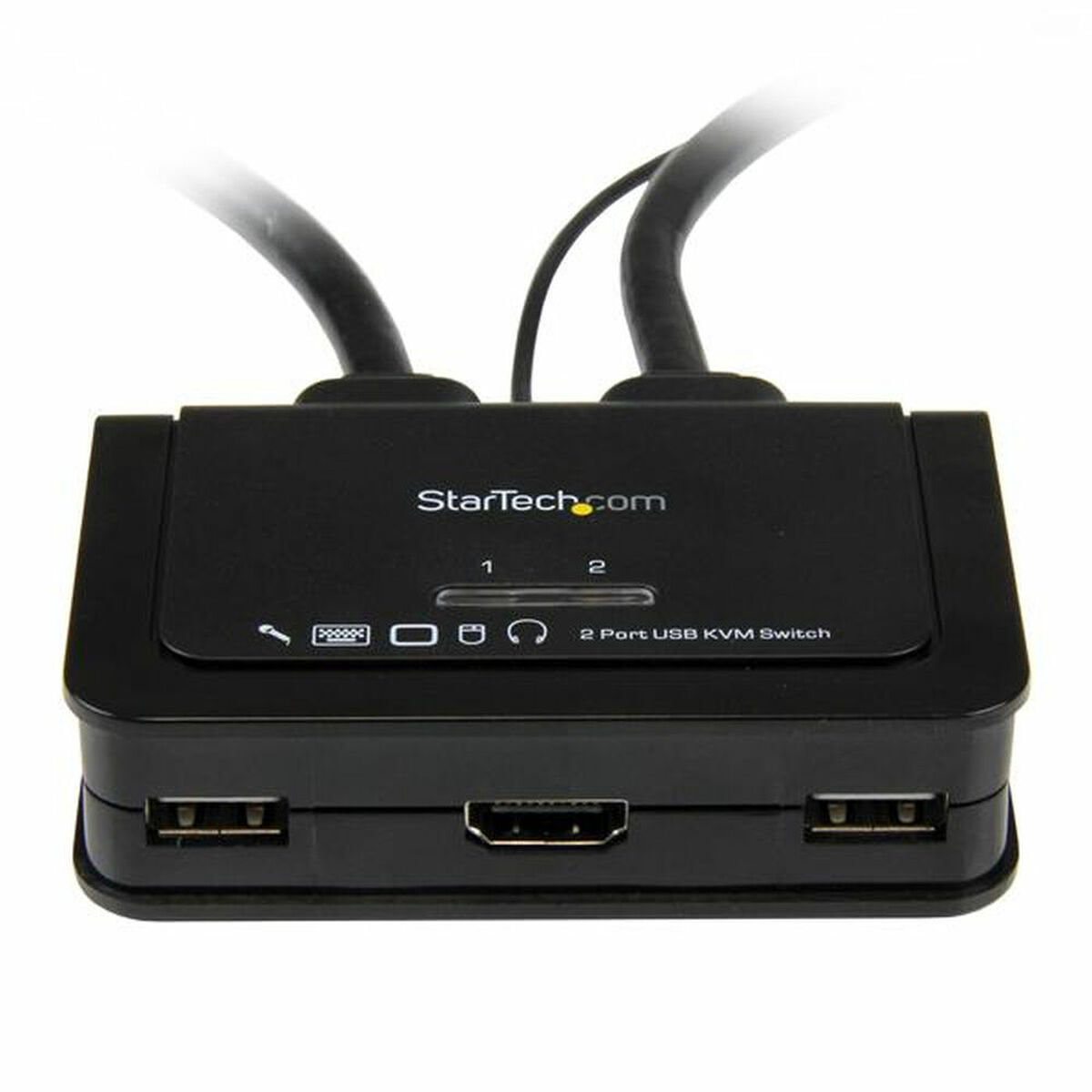 A black StarTech.com 2 port USB KVM switch with cables.