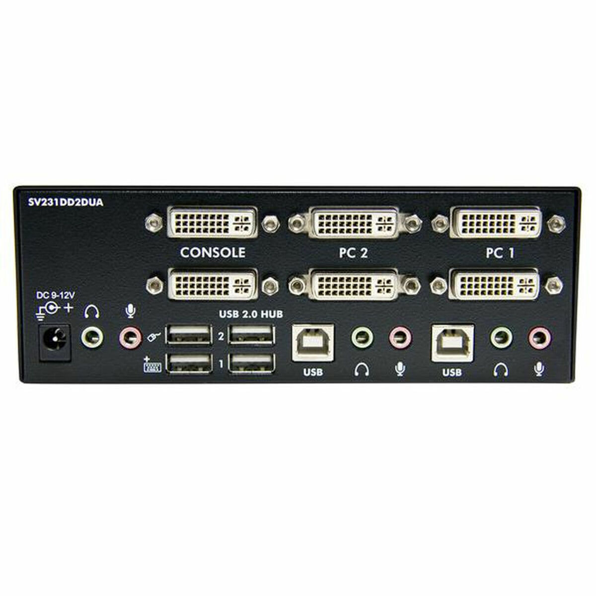 Schwarzes Gerät mit mehreren Anschlüssen. Beschriftet mit Konsole, PC 1, PC 2, USB 2.0 HUB und DC in.