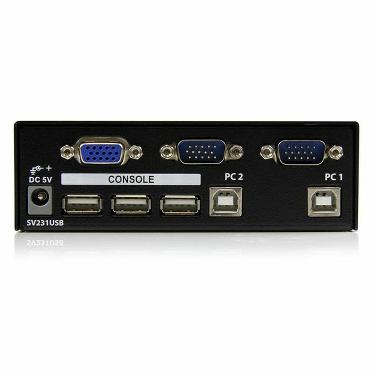 Schwarze Konsole mit USB-Anschlüssen, VGA-Anschlüssen und Stromeingang.