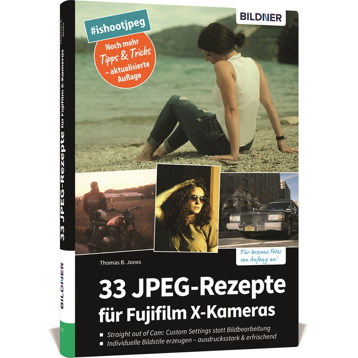 Buchcover mit Fotos von Frau, Motorrad und Auto, sowie Text.
