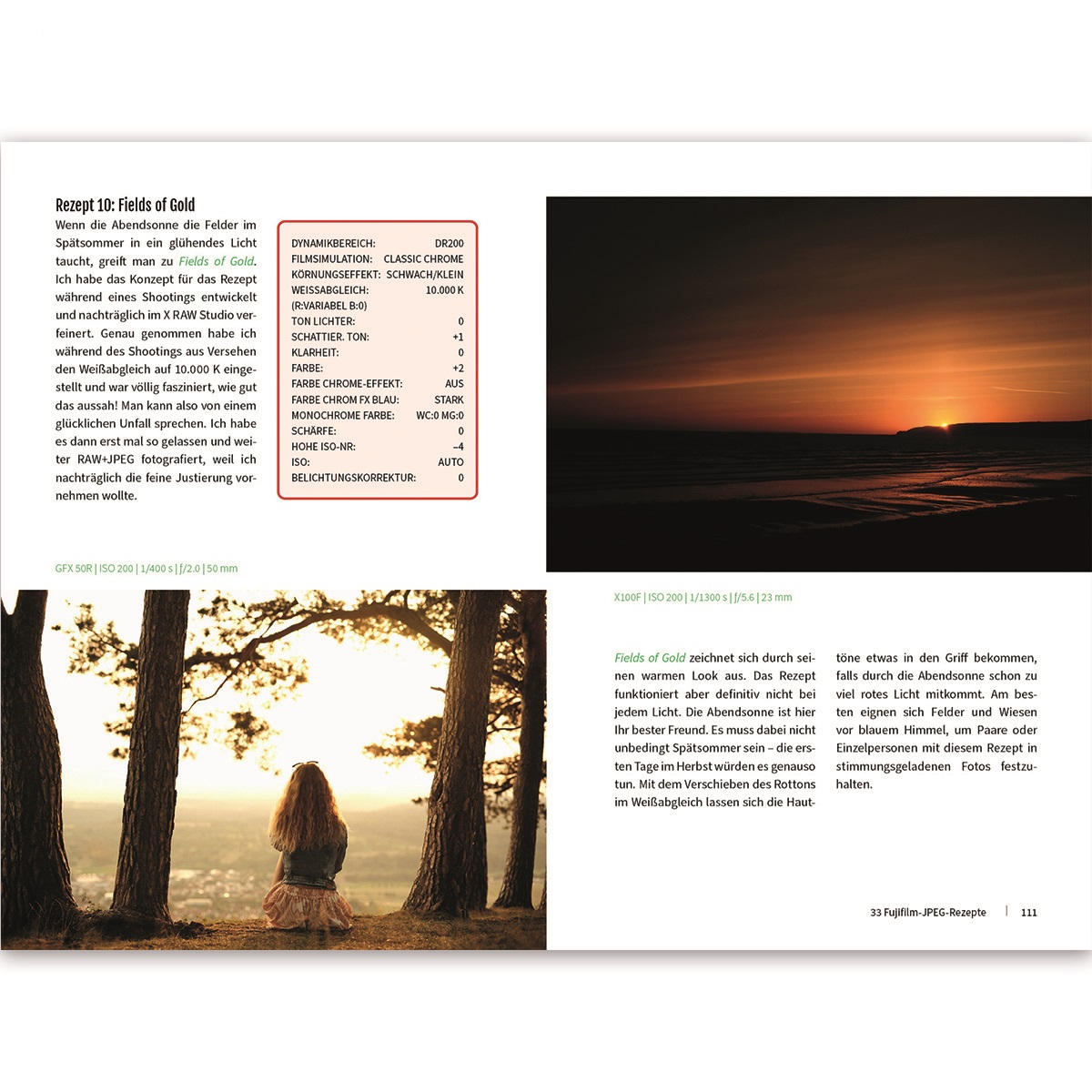 Eine Zeitschriftenseite mit zwei Bildern und Text auf Deutsch, die einen Sonnenuntergang und eine Person zeigt.