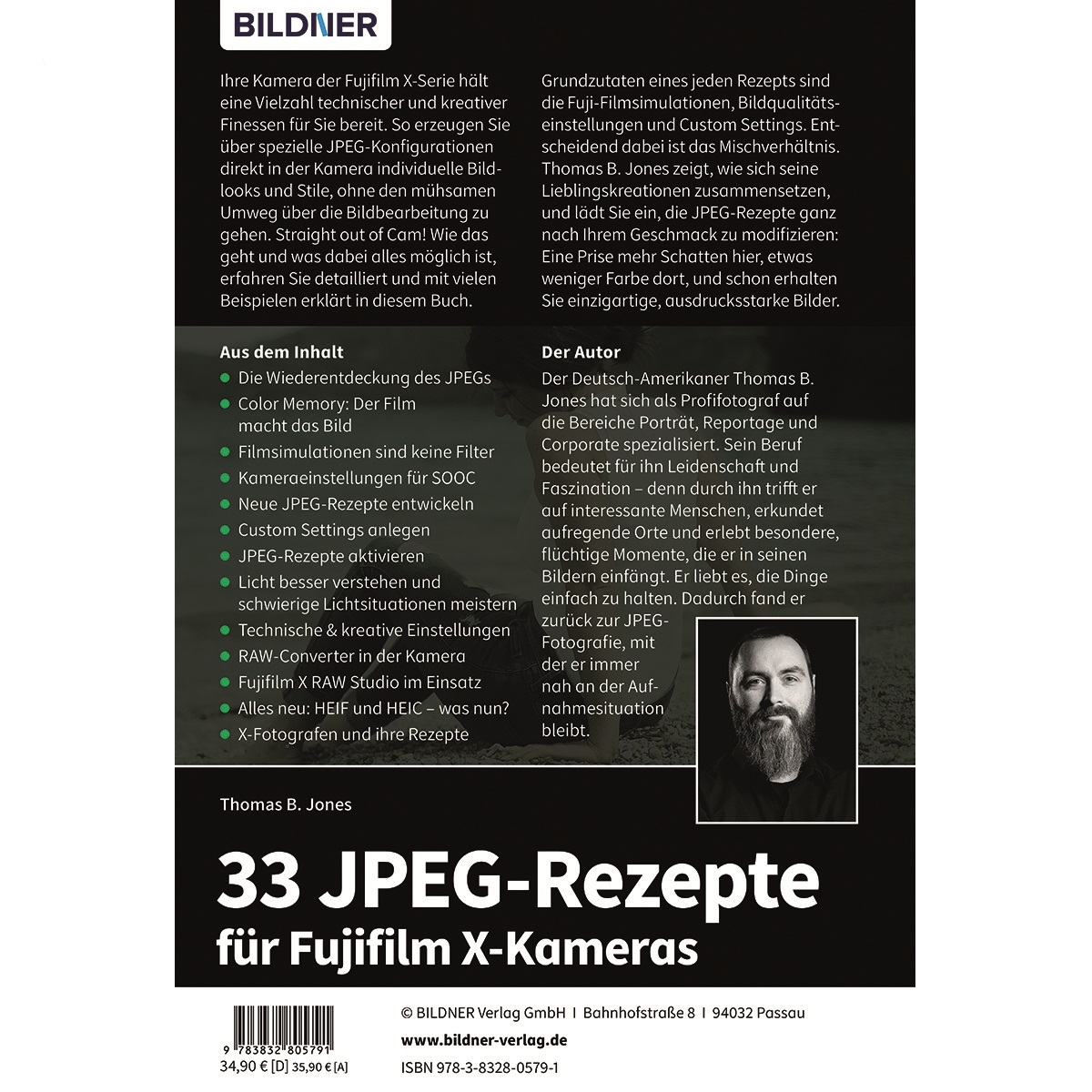 Ein Buchcover mit Text über JPEG-Rezepte für Fujifilm X-Kameras. Enthält ein Foto des Autors.
