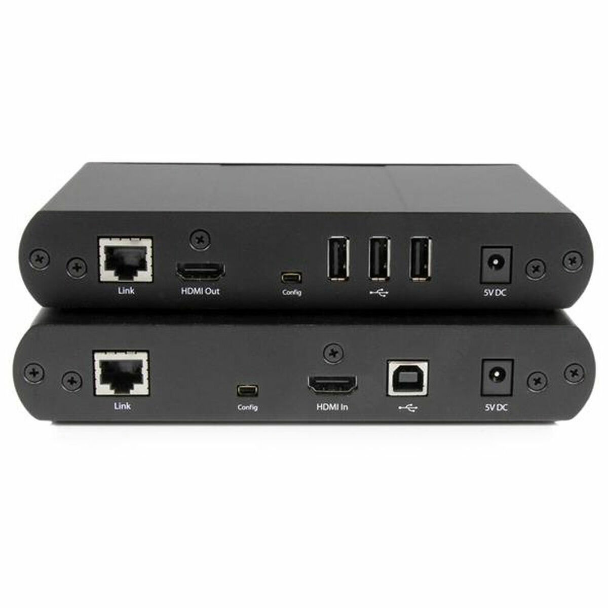 Dos dispositivos de red negros apilados. Cada uno tiene puertos etiquetados como Link, HDMI Out, Config, USB, etc.
