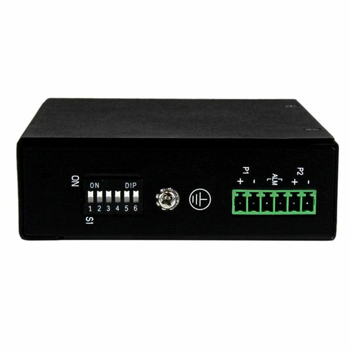 Zwart elektronisch apparaat met diverse poorten en schakelaars, een groene connector en labels.