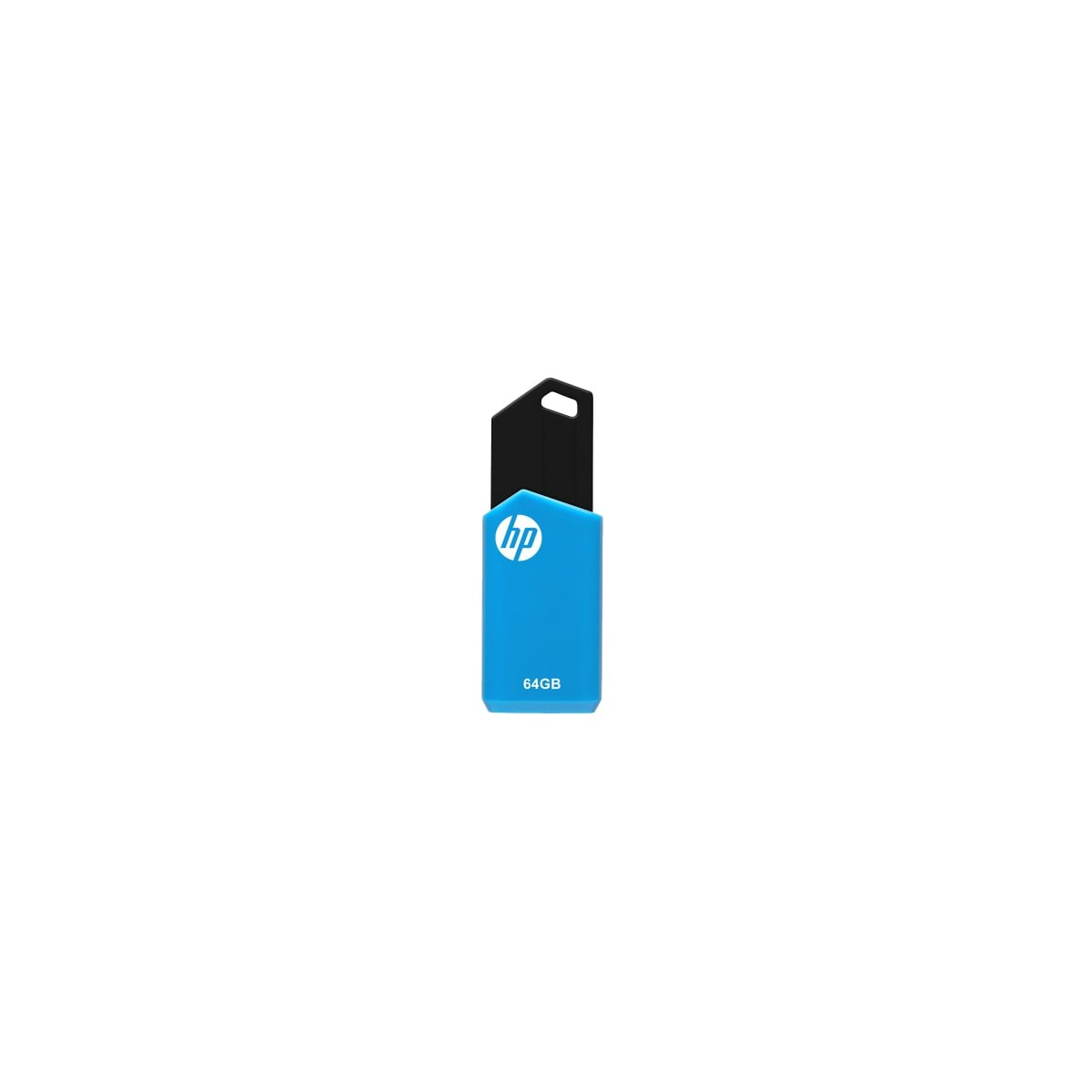 Niebieski i czarny pendrive HP z logo HP. Białe tło.
