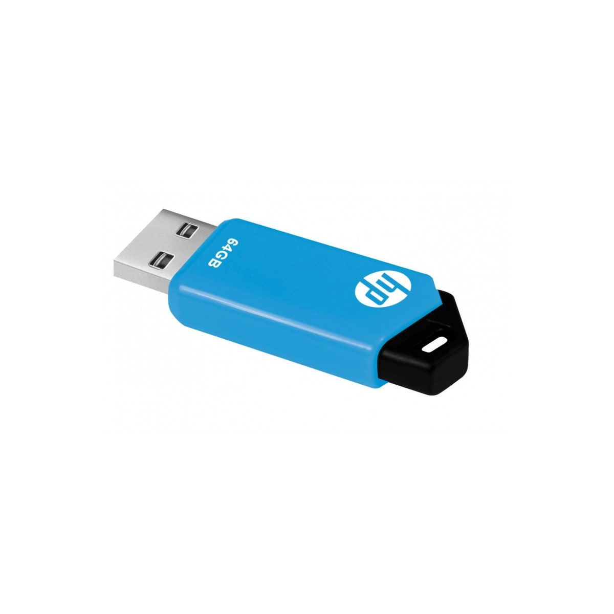Niebieski pendrive USB z czarną nasadką i logo HP.