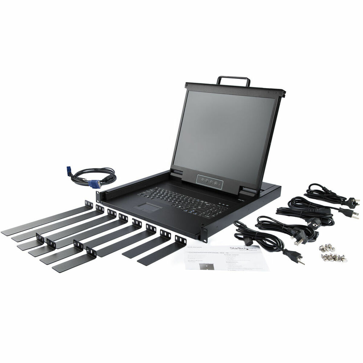 Schwarzer Monitor, Tastatur und Zubehör, einschließlich Kabel und Halterungen, auf weißem Hintergrund.