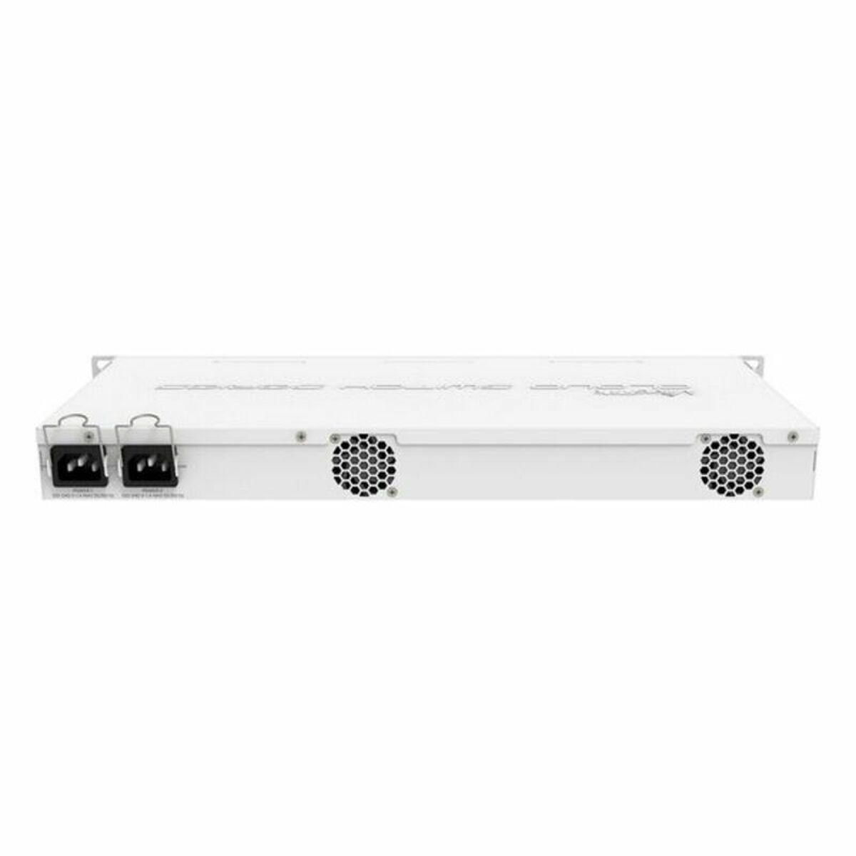 Switch de red blanco con dos rejillas de ventilador y dos puertos de alimentación sobre un fondo blanco.