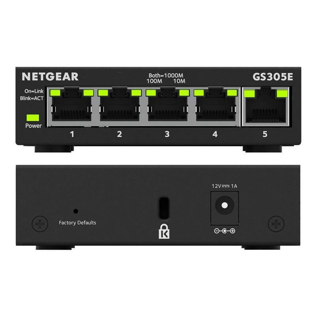 Czarny przełącznik NETGEAR GS305E, przód i tył z portami.
