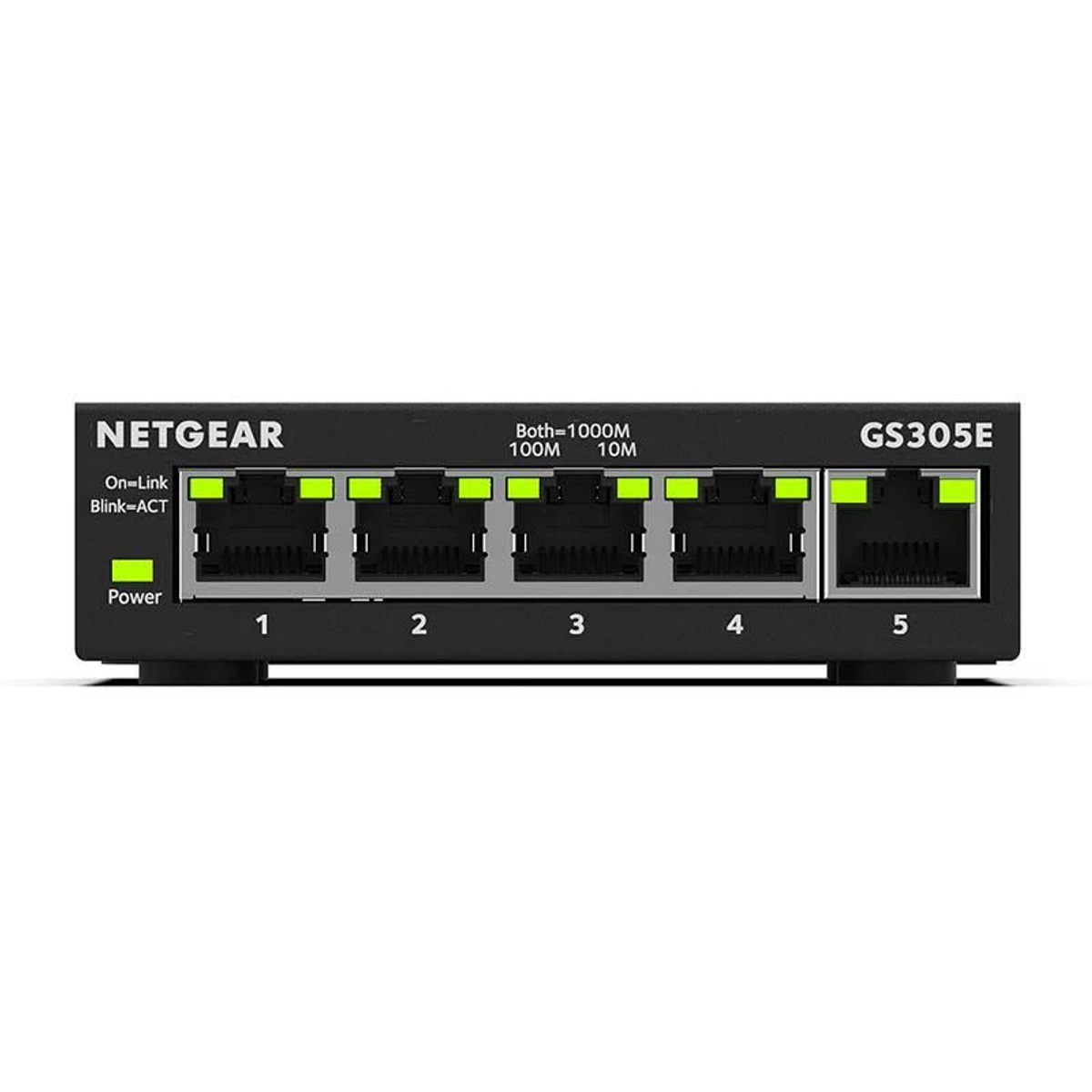 Czarny przełącznik NETGEAR z pięcioma portami, na białej powierzchni.