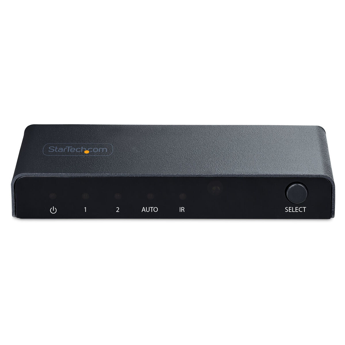Switch HDMI StarTech.com nero con 4 ingressi e un pulsante di selezione. Le spie di alimentazione e ingresso sono accese.