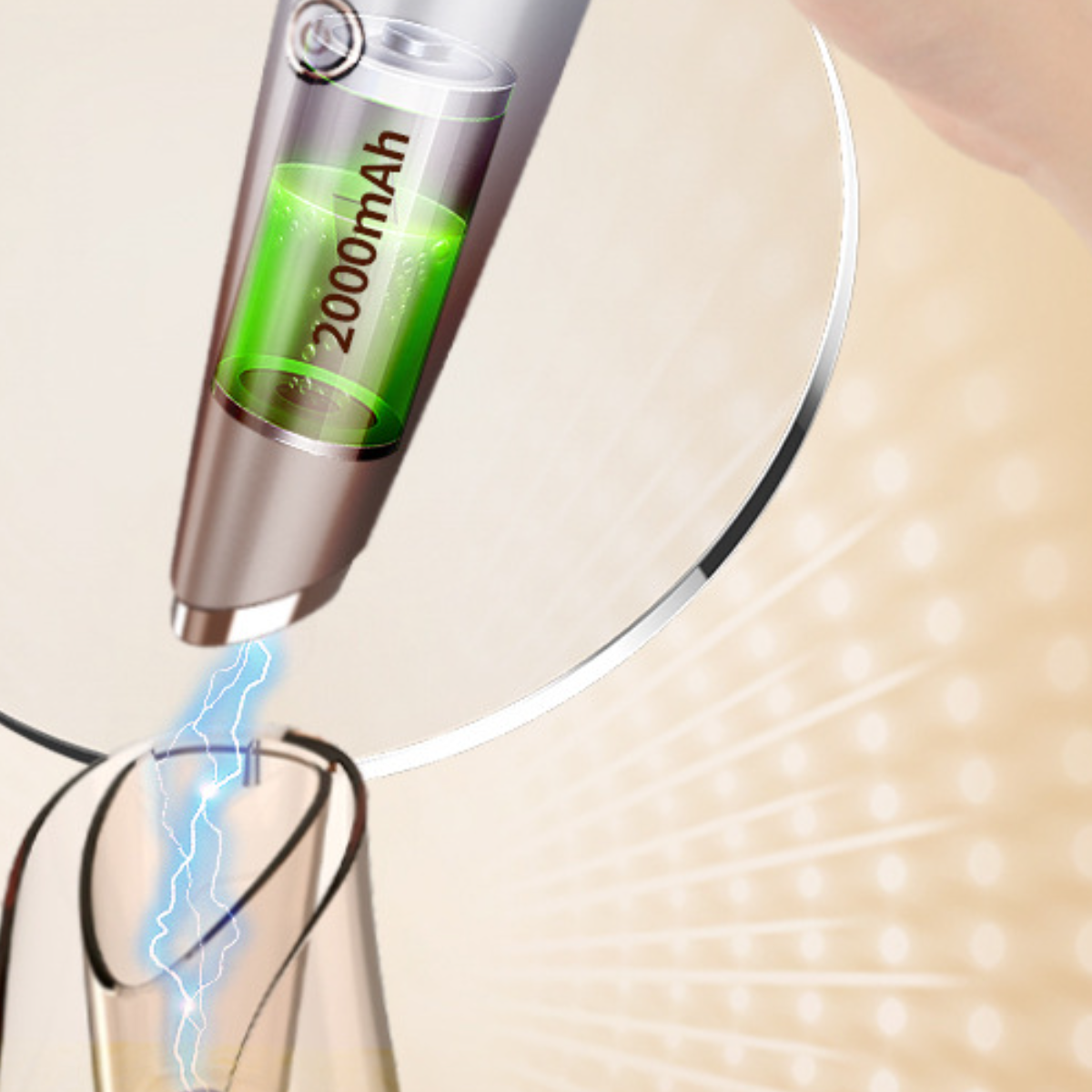 Silberner Stift mit grüner Batterieanzeige und blauem Blitz-Effekt.