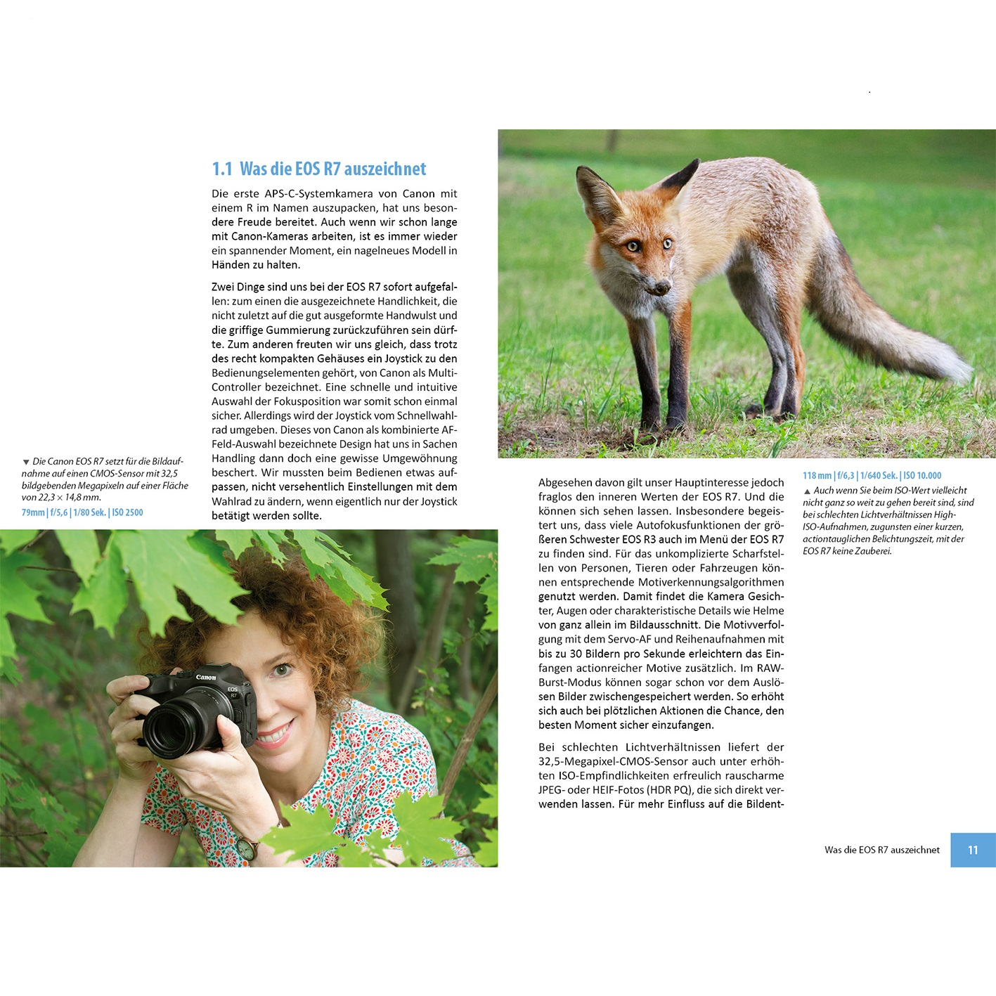 Eine Frau mit Kamera und ein Fuchs-Foto. Der Text ist auf Deutsch, beschreibt eine Canon Kamera.