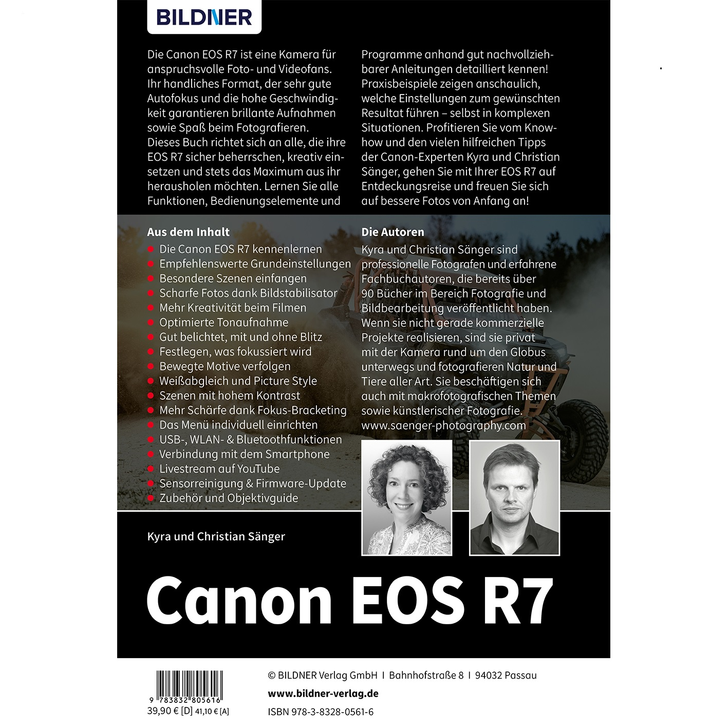 Buchcover für Canon EOS R7 Kamera. Text beschreibt Funktionen und Autoren.