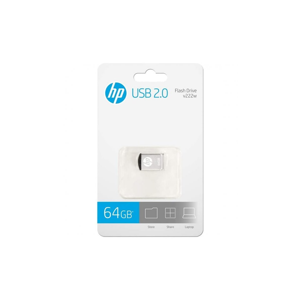 Pamięć flash USB w plastikowym opakowaniu z etykietą HP USB 2.0, 64 GB i logo HP.
