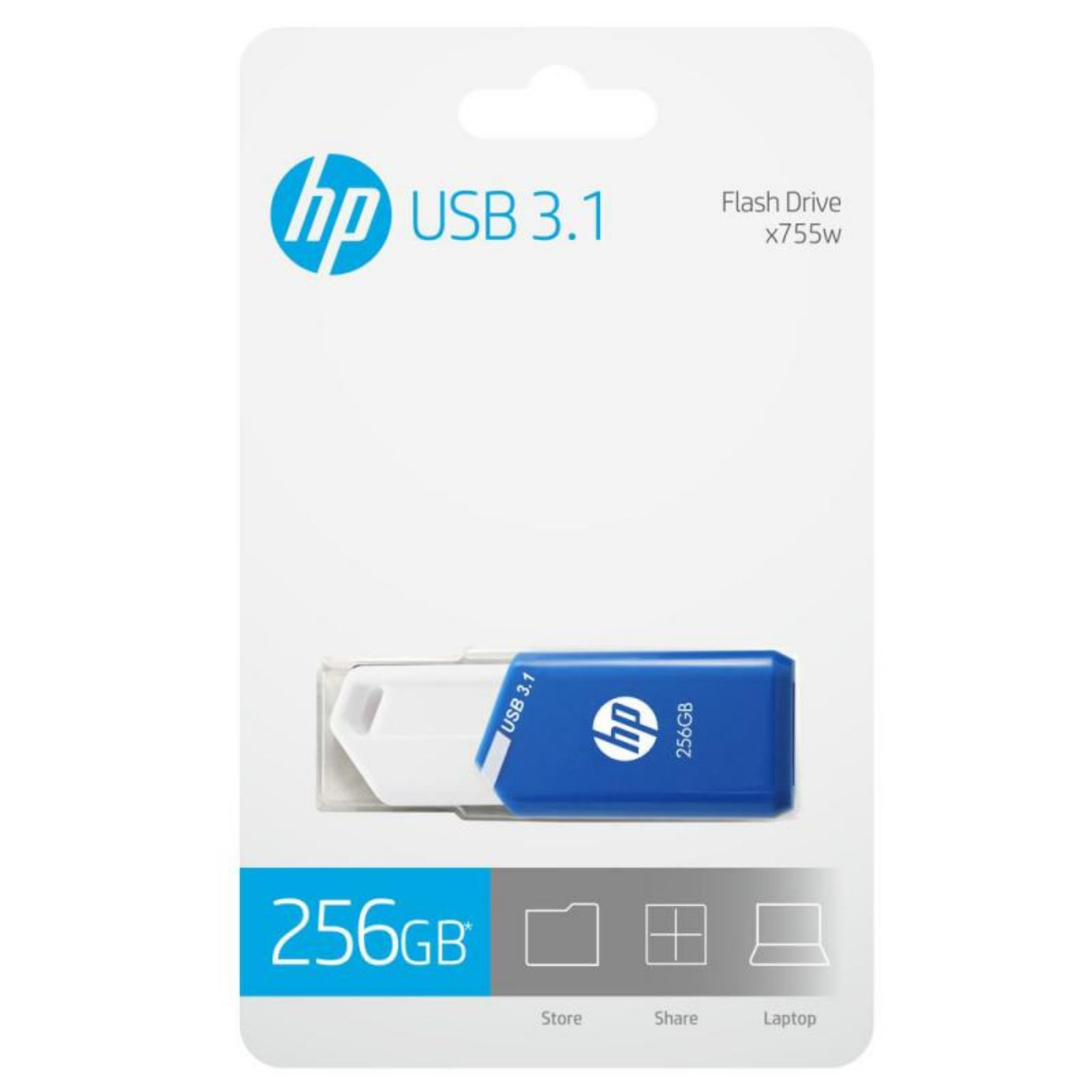 Pamięć flash HP USB 3.1 w opakowaniu. Dysk jest biało-niebieski. 256GB jest na nim napisane.
