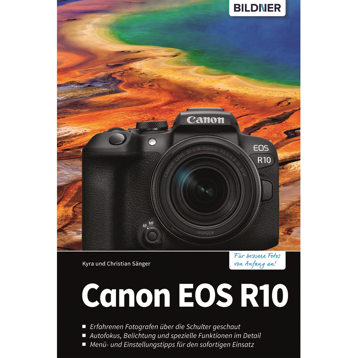 Buch über Canon EOS R10 Kamera. Das Cover zeigt die Kamera, einen bunten Hintergrund und Text.