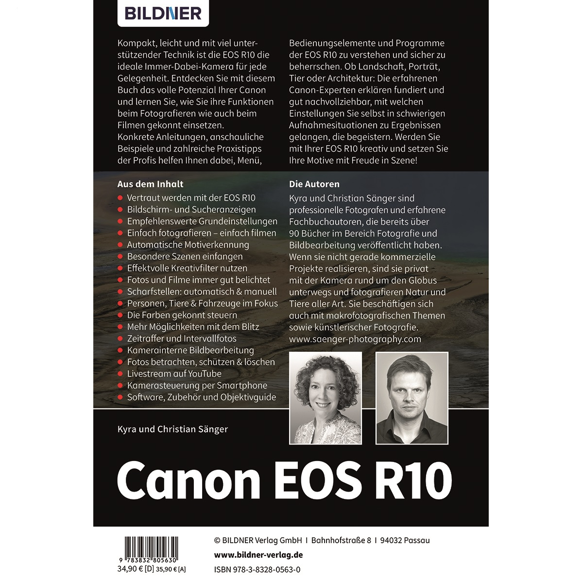 Buchcover mit Canon EOS R10 Kamera auf der Rückseite. Enthält Text und Bilder. Weißer Hintergrund.